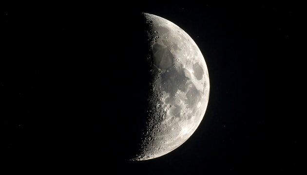 Crescent moon gleaming against a deep black sky, craters visible, half lit