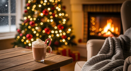 Christmas scene with hot chocolate, christmas tree, fireplace, and cozy armchair indoors at home