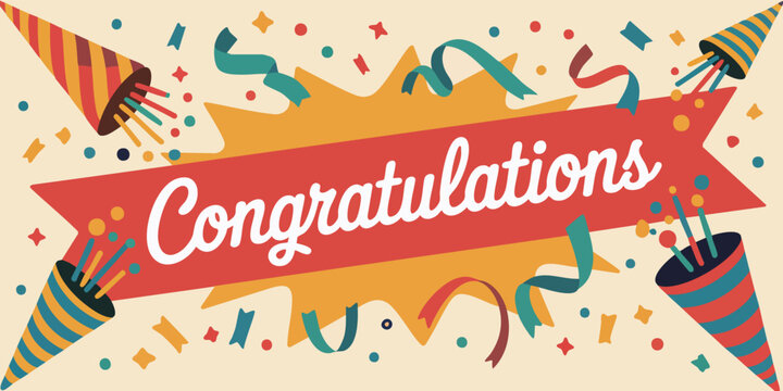 Congratulations banner featuring confetti cannons and streamers