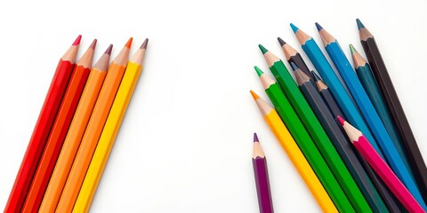 Fototapeta premium Vibrant colored pencils arranged artfully on white background, top view, white background