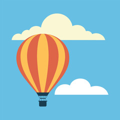 Orange and yellow striped hot air balloon floating in a clear blue sky with clouds airship aircraft