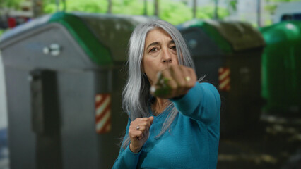 Senior grey-haired woman boxing energetically outdoors on the street against a backdrop of recycle bins emphasizing fitness and environmental awareness.