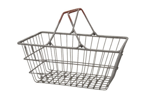 Empty wire metal shopping basket, retail shopping cart for consumerism and grocery supply, transparent background