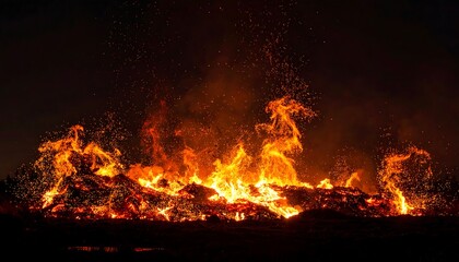 Fiery inferno aglow with intense heat and dancing sparks against a dark sky