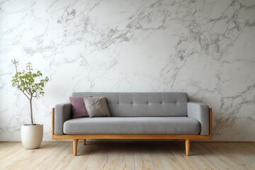 Modern gray sofa with decorative pillows sits against a marble wall.