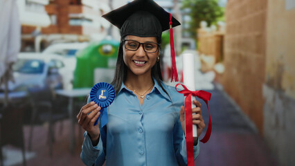 Young woman in graduation cap holding diploma and medal on a terrace with buildings outdoors, showcasing her achievement and pride in an urban setting.