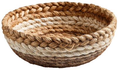 Close-up view of a round, woven basket with a braided design and multiple color variations.