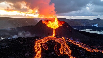 Fiery molten lava spews from a volcano, flowing down the dark, rocky landscape under a clouded sunset sky