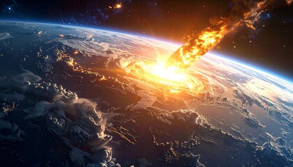 Fiery meteor hurtles towards Earth, a collision of cosmic drama against the backdrop of our blue planet and starry sky