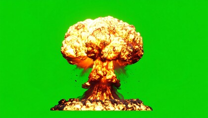 Fiery mushroom cloud rising, against a bright green background. Intense orange and yellow hues dominate the scene