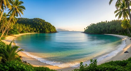 Tropical beach paradise with white sand, turquoise water, and lush palm trees.