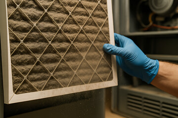 furnace filter air technician. A person wearing gloves removes a dusty air filter from an HVAC unit, highlighting maintenance and indoor air quality concerns.
