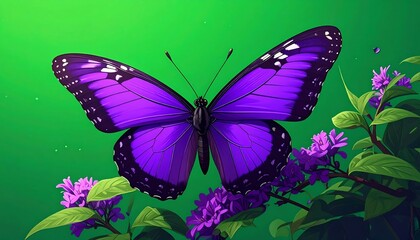 Naklejka premium Digital art A large purple butterfly rests atop flowering purple blossoms against a vibrant, saturated green backdrop