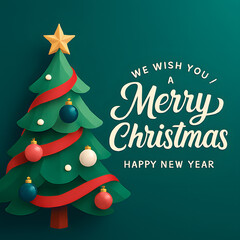 Modern Festive Christmas Illustration with Gold Star, Red Ribbon, and Teal Background
