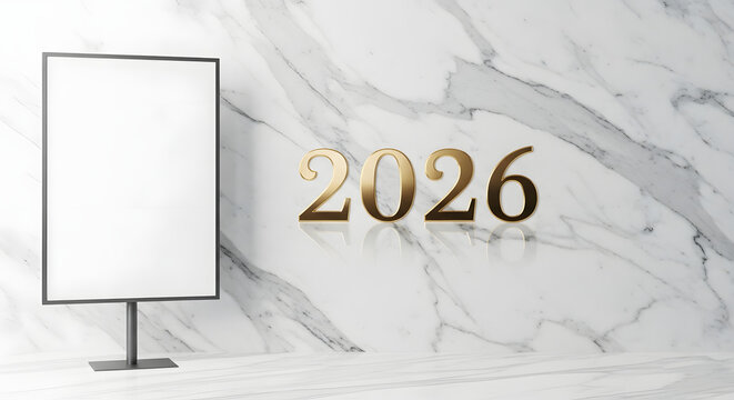 Blank poster stand with golden year numerals on marble background in a studio setting display mockup