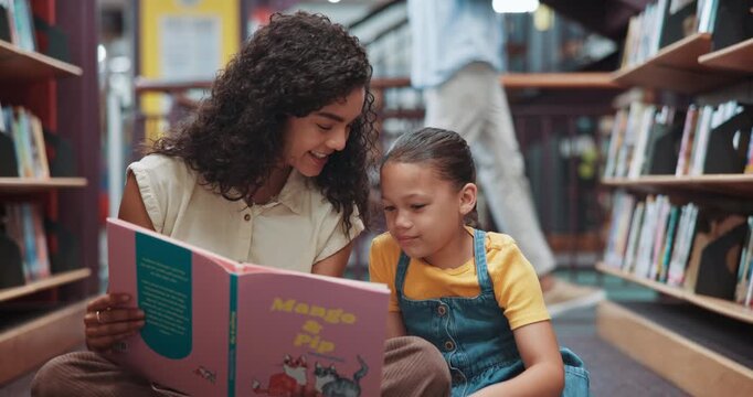 Kid, woman and reading a book in library for language skills, academic support or literature lesson. Education, girl student and tutor with fantasy story at school for learning vocabulary or literacy