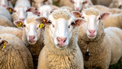 Fototapeta premium Crowd of sheep, close-up. Woolly, white faces. Some have yellow tags. Eyes look forward. Field background