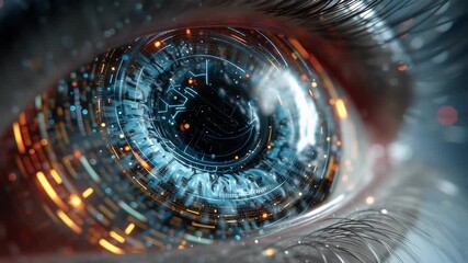 Robotic human eye with futuristic digital interface showing augmented reality vision and biometric technology. - Powered by Adobe