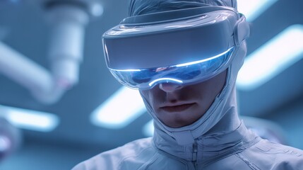 A futuristic figure wearing a high-tech virtual reality headset, immersed in a digital environment, showcases the intersection of technology and human experience.