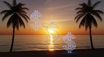 Transparent dollar sign tropical beach sunset palm tree ocean financial freedom summer vacation wealth relaxation dreamy atmosphere