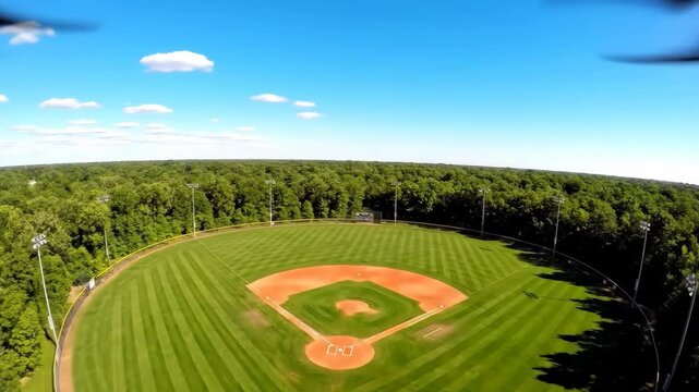 Aerial view of a baseball field under blue skies surrounded by trees.