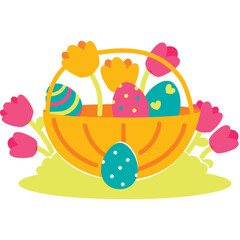 A Whimsical Easter Basket Overflowing With Colorful Decorated Eggs And Vibrant Tulips In A...