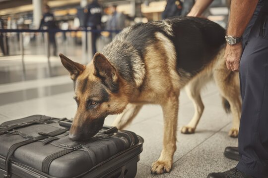 Dog Sniffing Luggage at Police Aerodrome: Real Caucasian K9 on Duty
