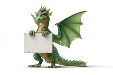 Obraz premium Dragon Holding Sign. Flying Green Dragon Carrying Blank White Sign Board