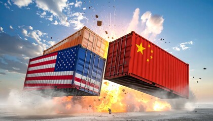 Colliding shipping containers painted with USA, China flags amid explosion, suggesting trade war, global conflict