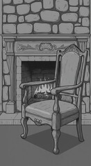 Fototapeta premium Ornate wooden armchair sits before a lit hearth framed by stone masonry