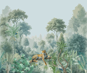 Forest with a cheetah, bird, palm tree, plants, dark jungle illustration for wallpaper © MdSayeed