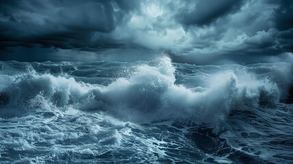 Dramatic seascape with turbulent waves and dark stormy clouds in a moody atmosphere with copy space