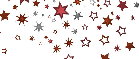 Christmas stars in red, silver and brown falling from the sky on a white backdrop for holiday designs.
