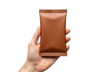 Hand holding brown chocolate bar wrapper mockup, candy bar packaging template, snack product mock up, isolated on transparent background