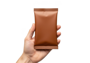 Hand holding brown chocolate bar wrapper mockup, candy bar packaging template, snack product mock up, isolated on transparent background