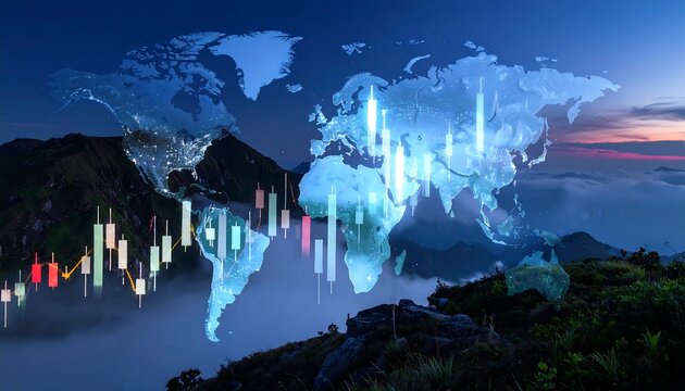 Digital world map with glowing candlesticks layered over a mountainous landscape against a dusk sky