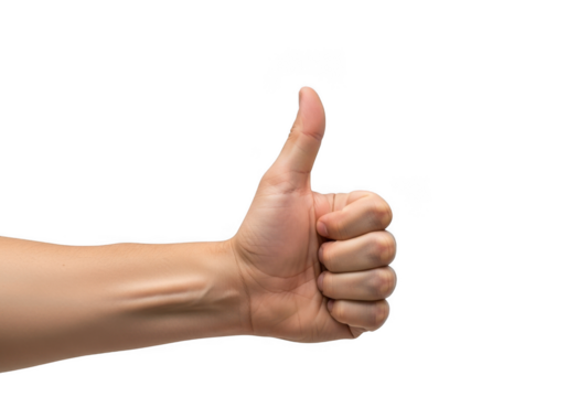 Realistic human hand giving a thumbs up gesture, sign of approval, success, agreement, isolated on transparent background