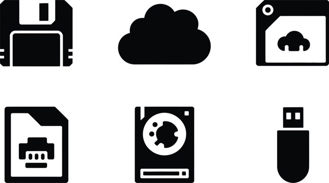 Collection of digital data storage icons floppy cloud sd card usb drive hard drive document