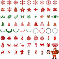 A cheerful set of 72 Christmas vector icons including Santa, snowflakes, trees, ornaments, and festive characters in classic red, green, and white holiday colors.