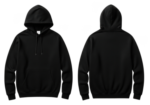 High resolution black hoodie mockup front and back view clothing apparel design template fashionable style isolated on transparent background