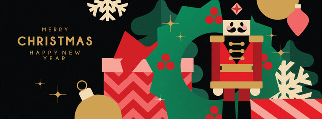 Christmas banner in contemporary flat minimalist style with Christmas wreath and toy solder. Design for Holiday greeting card. Vector illustration 