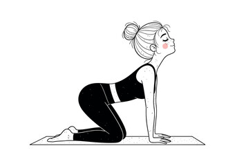 Minimalist Black and White Vector of Woman in Cat-Cow Yoga Pose on Mat, Cute Wellness illustration