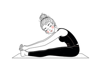 Cute Minimalist Woman Doing Seated Forward Fold Yoga Pose – Black and White Wellness Illustration