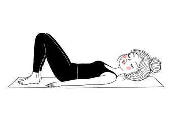 Black and White Minimalist Woman in Bridge Pose Yoga on Mat, Cute Wellness Vector Art
