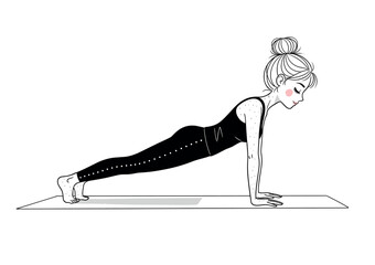 Minimalist Black and White Vector of Woman Holding Plank Pose, Cute Yoga Wellness Illustration