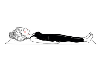Minimalist Woman Lying in Corpse Pose Yoga on Mat, Black and White Cute Relaxation Illustration