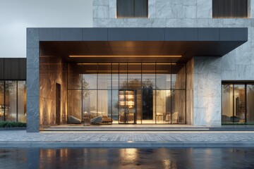 Modern building entrance with glass doors and marble facade at dusk.
