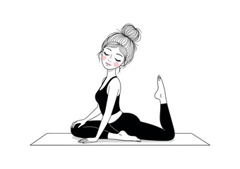 Cute Woman Practicing Pigeon Pose on Yoga Mat, Black and White Minimalist Wellness Vector