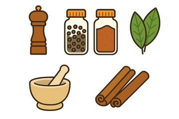 Collection of essential kitchen spices and herbs including pepper mill, cinnamon, and bay leaves