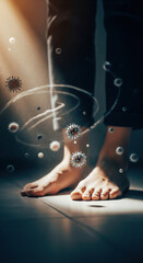 Bare feet on tile floor surrounded by floating virus particles, illustrating health risk, infection, and hygiene concerns in dramatic, moody lighting environment